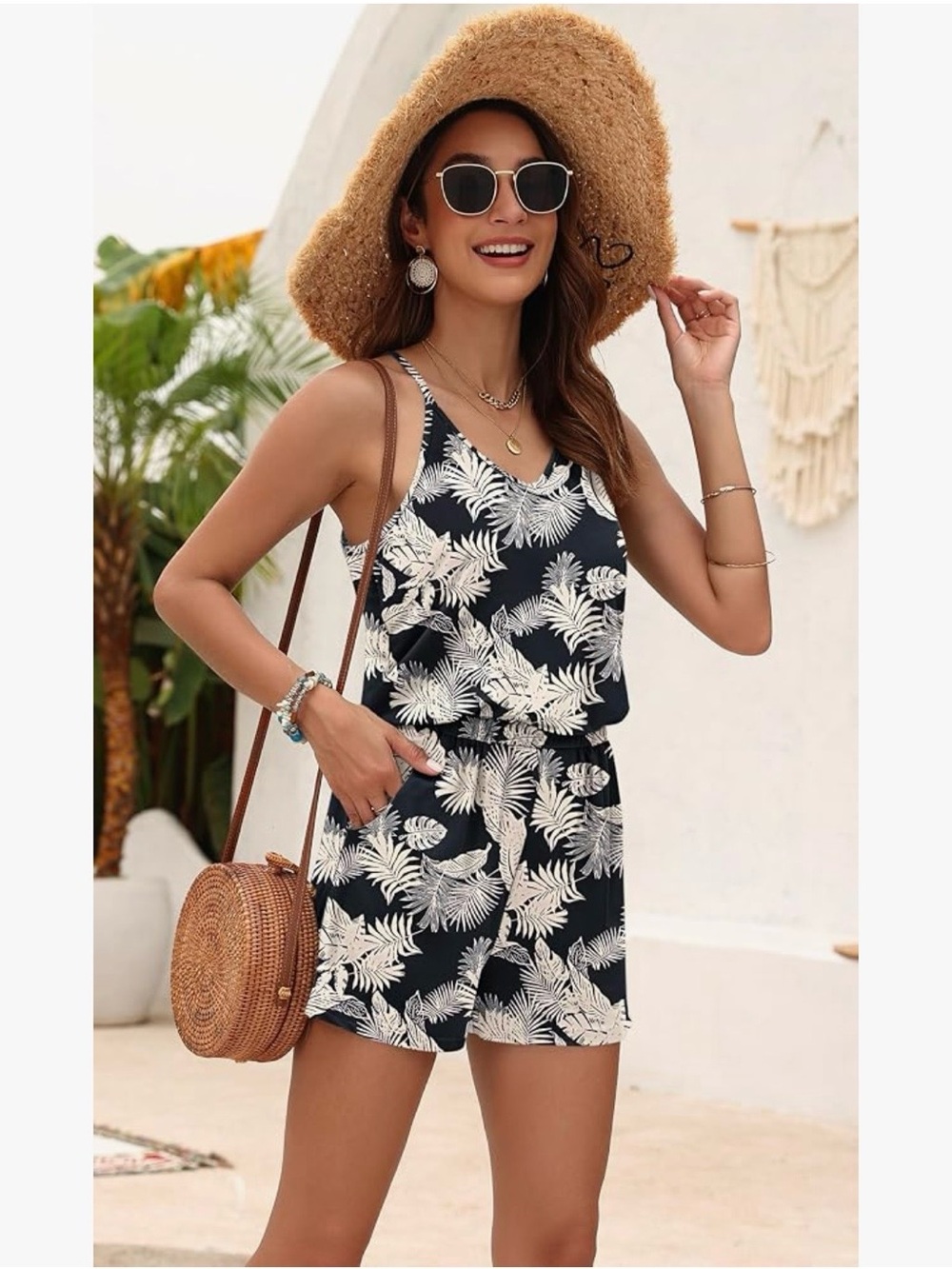 Women’s Black & White Tropical Print Romper